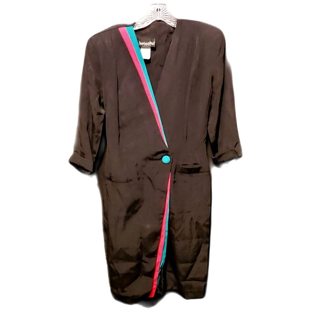 Vintage Wrap Dress 80s Retro Brioche California Black Teal Pink Tag Size 9/10
